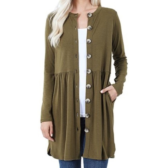 Zenana Shirred Waist Buttoned Cardigan Olive Green - Picture 1 of 12